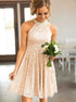 A Line Round Neck Short Pearl Pink Lace Bridesmaid Dress with Pearls LBQB0064